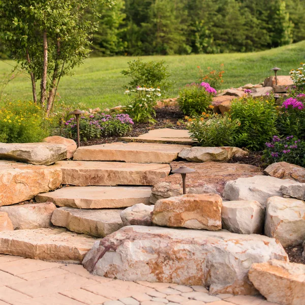 natural stone slab steps with native landscaping