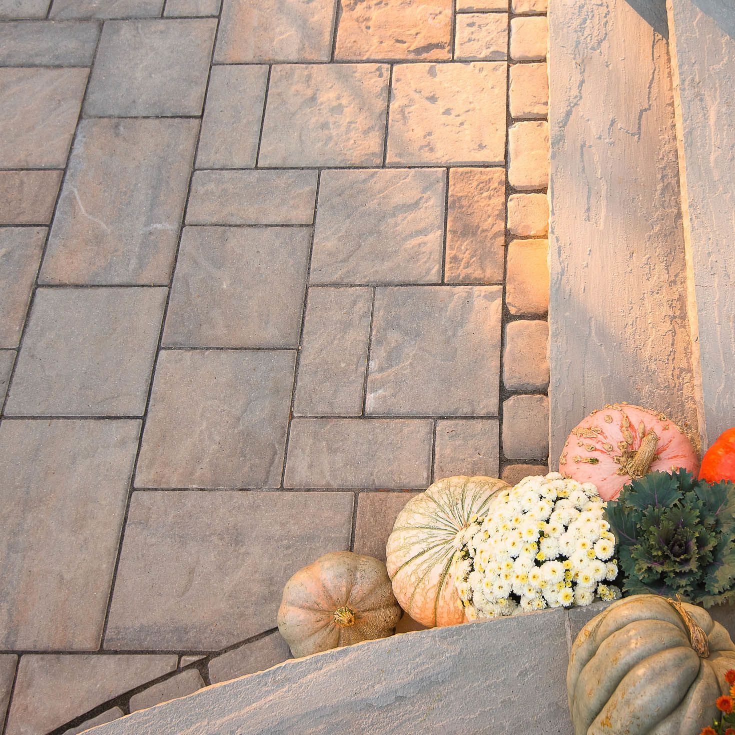 Natural stone patio steps and pavers with assorted pumpkins