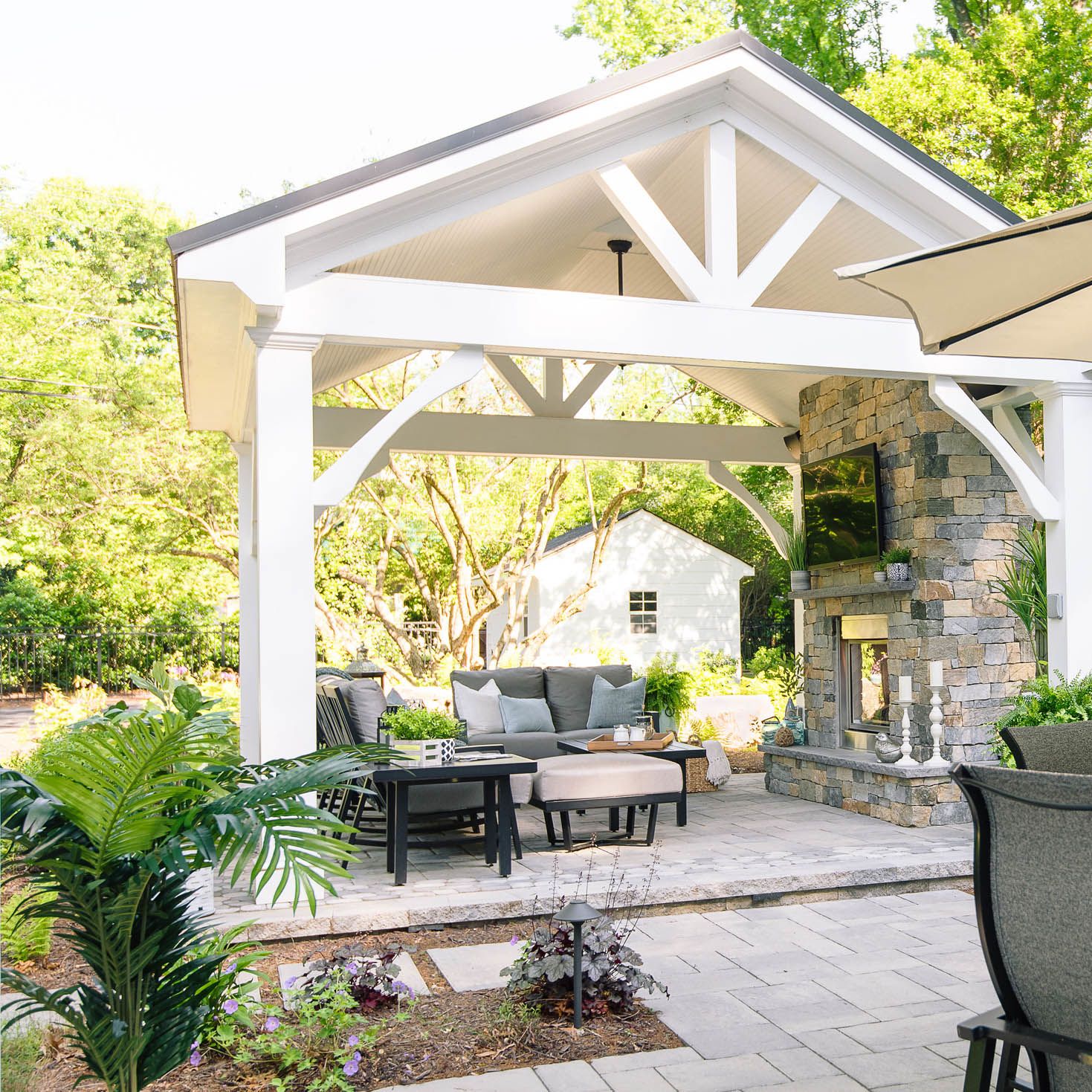 Step into the pavilion and take a seat by the gas-burning fireplace